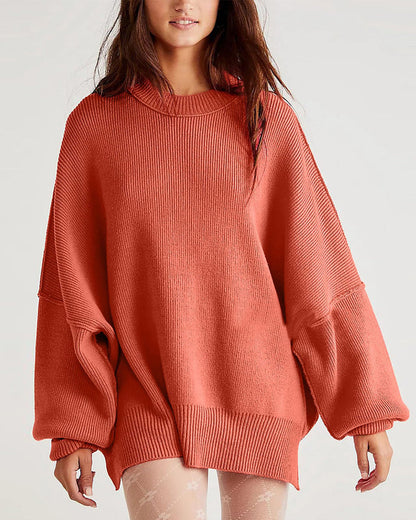 lantern sleeve mock neck pullover with ribbed cinch hem batwing sweater