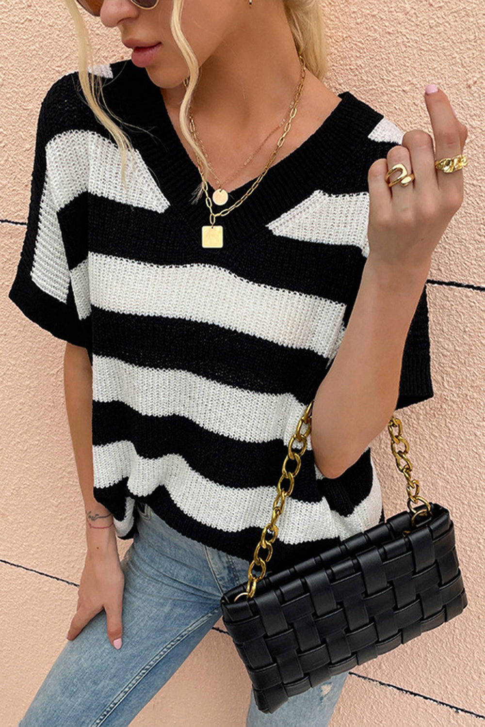 V-Neck Striped Short-Sleeved Sweater