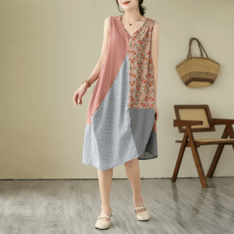 Babakud Women Patchwork Cotton Linen Midi Dress