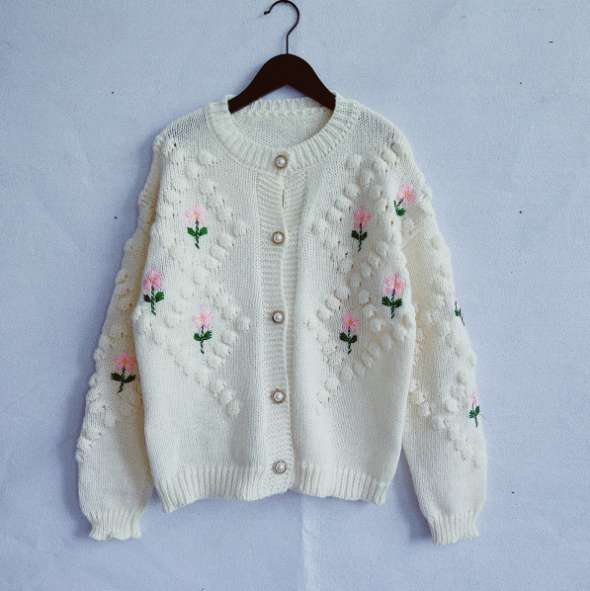 Floral Embroidered Handmade Sweater Cardigan Cozy Coat    