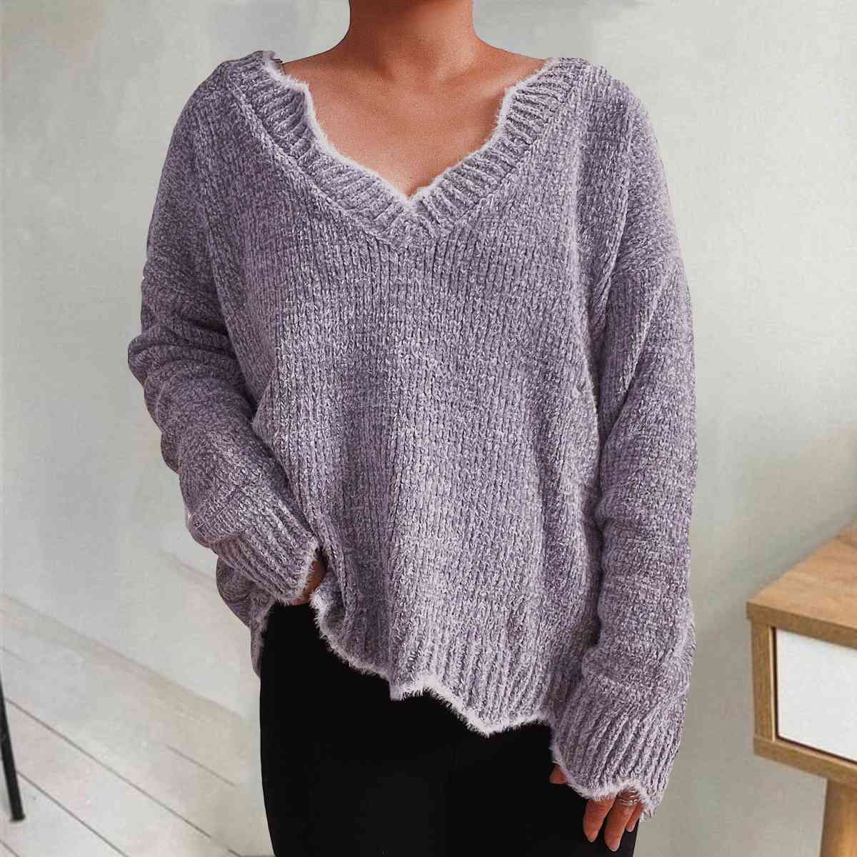 V-Neck Drop Shoulder Long Sleeve Sweater - Deals DejaVu