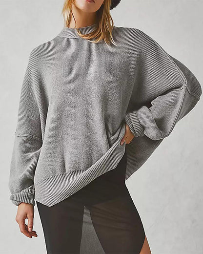 lantern sleeve mock neck pullover with ribbed cinch hem batwing sweater