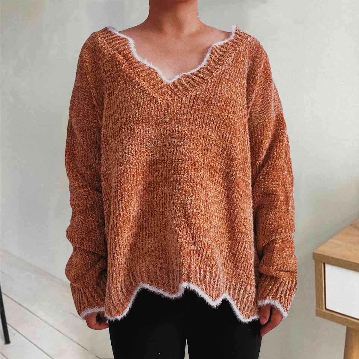 V-Neck Drop Shoulder Long Sleeve Sweater - Deals DejaVu