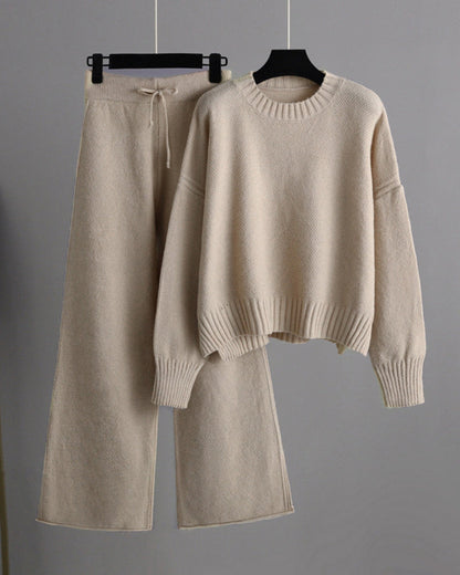 casual knit two piece set loose fit sweater and wide leg pants