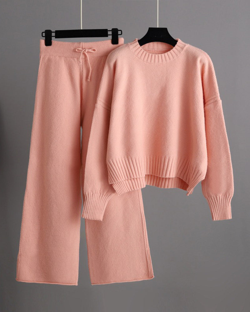 casual knit two piece set loose fit sweater and wide leg pants