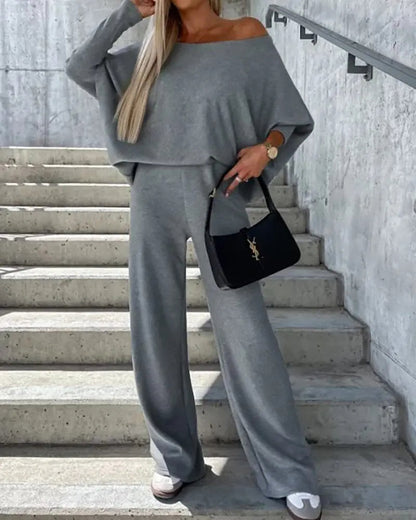 solid color two pieces sets off shoulder bat sleeve top casual wide leg pants suit