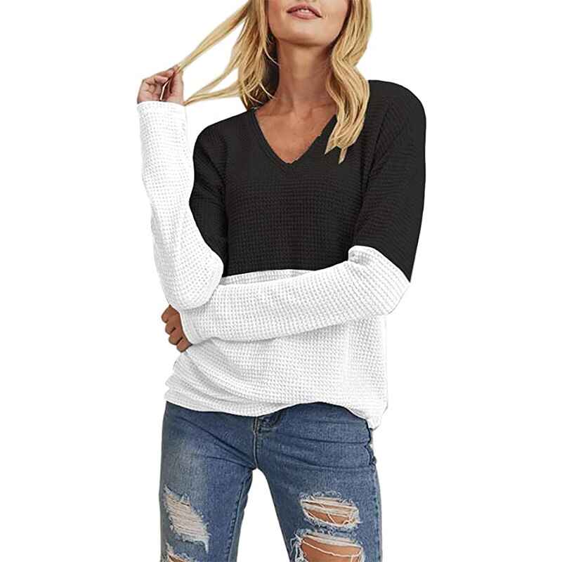    Black-White-Womens-Classic-Fit-Lightweight-Long-SleeveV-Neck-Sweater-K057