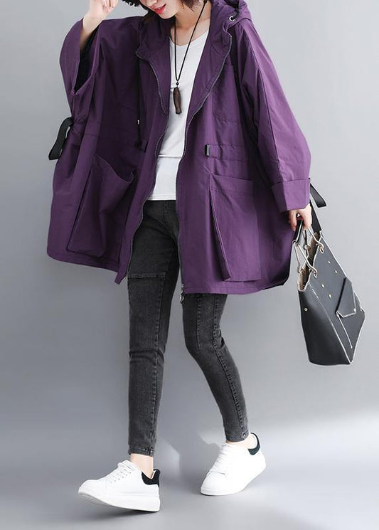 Chic Hooded Tie Waist Plus Size Spring Coats Women Purple Dresses Jackets - SooLinen