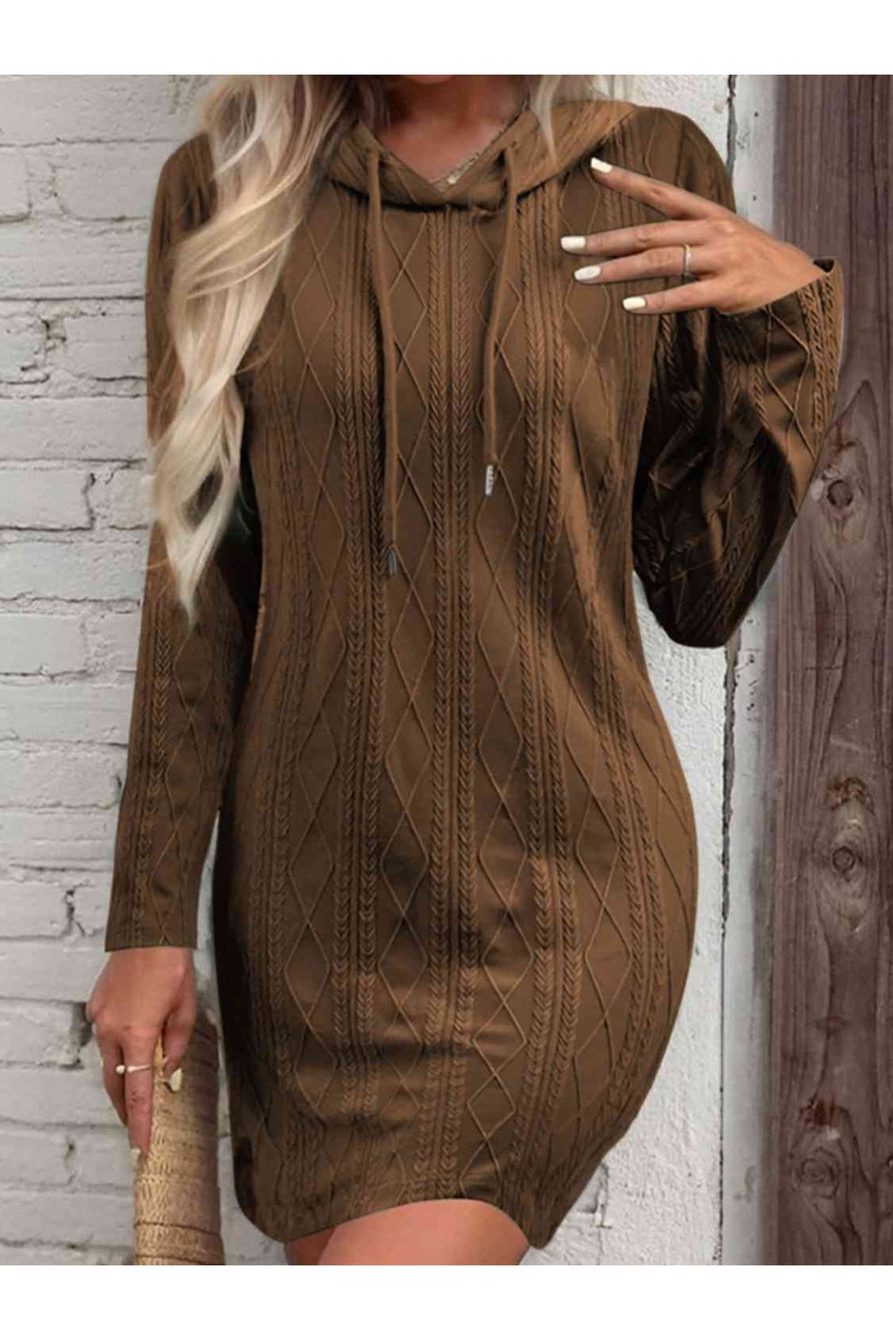 Drawstring Hooded Sweater Dress - Sweater Dresses - FITGGINS