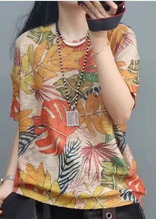 Elegant Print O-Neck Cotton Top Short Sleeve GK-STP210720