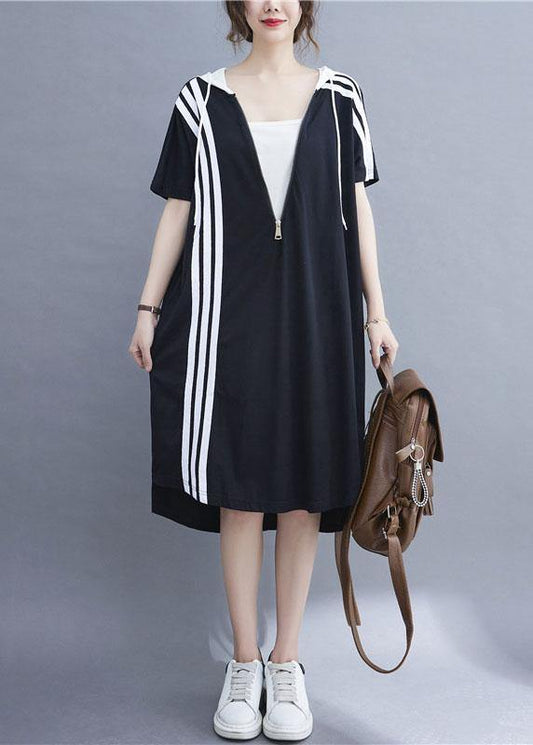 French Black Patchwork Striped low high design Ankle Dress Summer - SooLinen