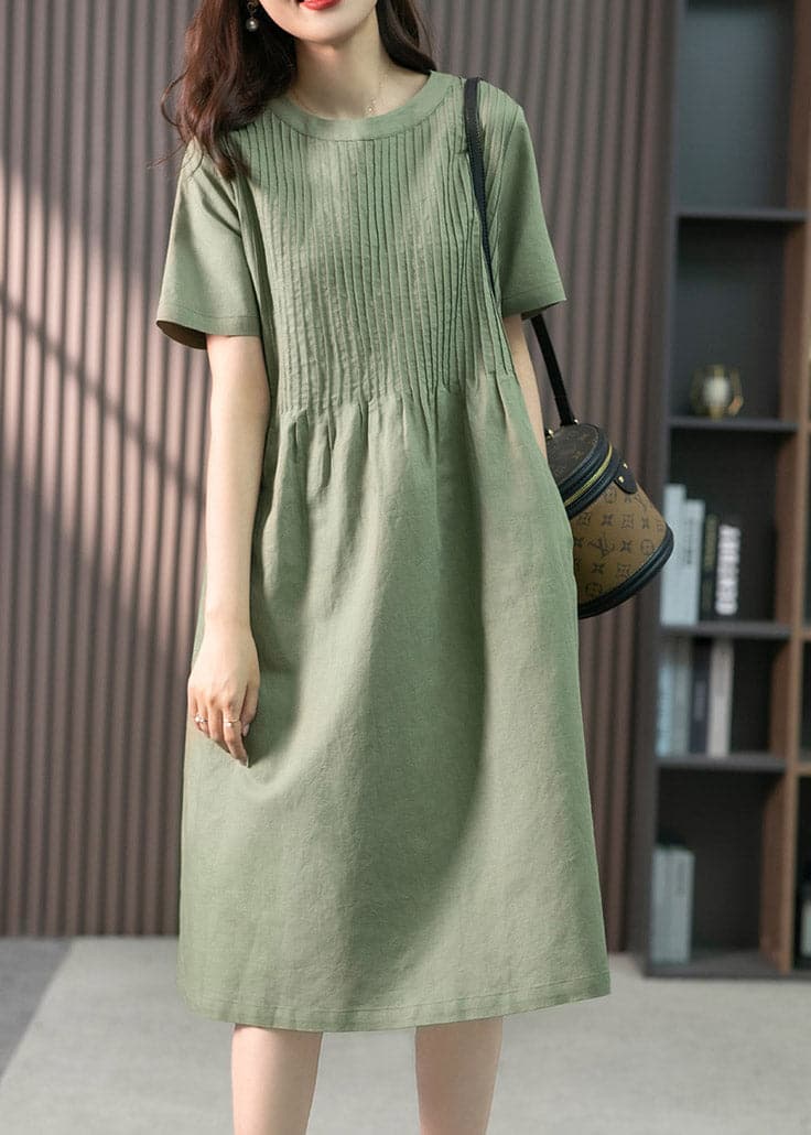 French Green O-Neck Wrinkled Linen Dress Short Sleeve gk-SDL220722