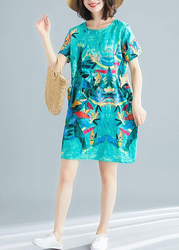 Green Print O-Neck Pockets Summer Short Sleeve Party Dresses - SooLinen