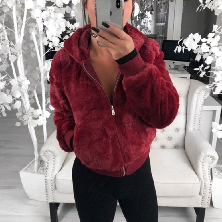 Jackets- Warm Faux Fur Jacket - Plush Ribbed Cuffs, Full Zip Hoodie- - Pekosa Women Clothing