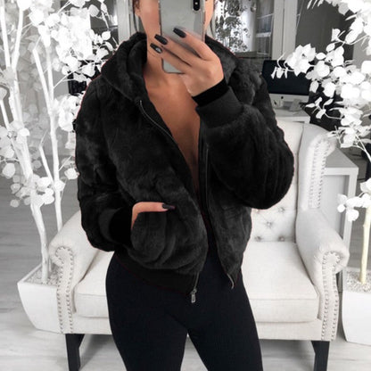 Jackets- Warm Faux Fur Jacket - Plush Ribbed Cuffs, Full Zip Hoodie- - Pekosa Women Clothing