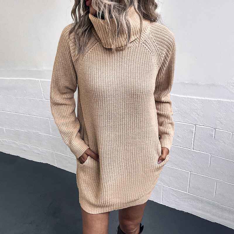 Black-Womens-Turtleneck-Long-Sleeve-Knit-Pullover-Sweater-Bodycon-Mini-Dress-K448