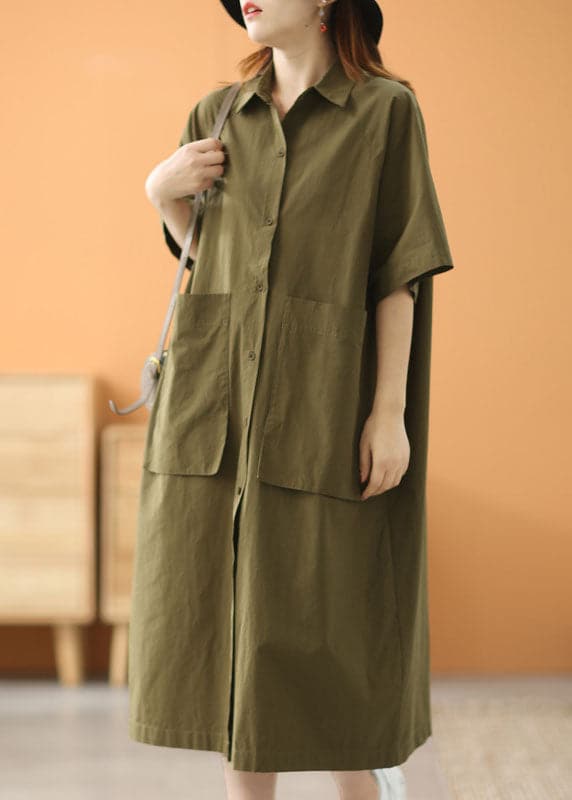 Modern Green Peter Pan Collar Oversized Big Pockets Cotton Loose Shirt Dress Short Sleeve GK-SDL220623