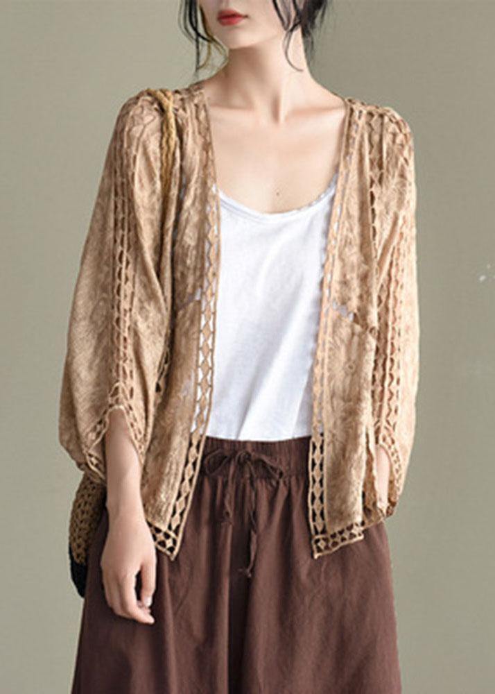 Modern Khaki Jacquard Hollow Out Cotton Short Cardigans - SooLinen