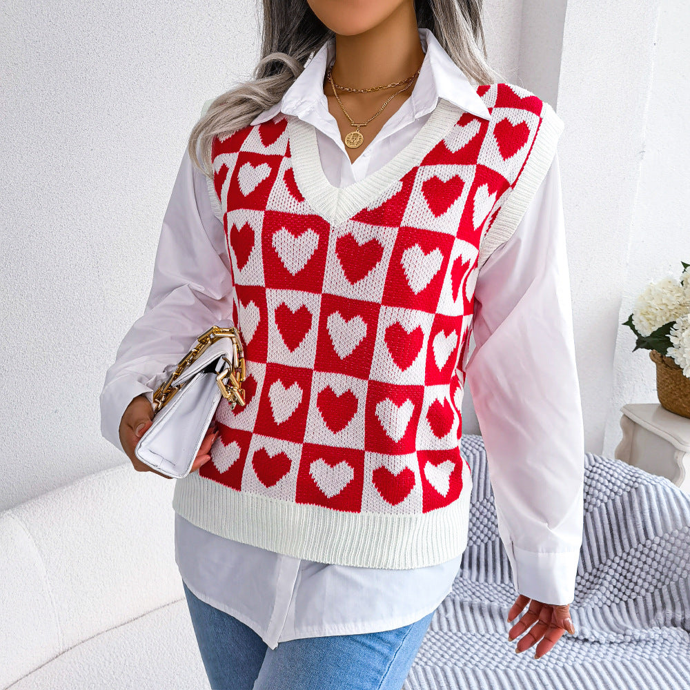 Heart Pattern Knitted Vest Sweater for Women Cozy and Stylish  S Pink 