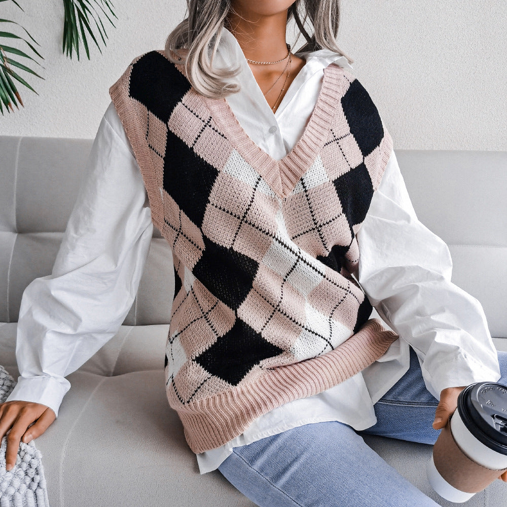 Stylish Rhombus V-Neck Knit Vest Sweater for Women    