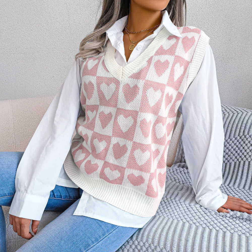 Heart Pattern Knitted Vest Sweater for Women Cozy and Stylish  S Blue 