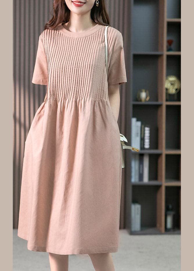 Pink O-Neck Pockets Linen Long Dress Short Sleeve gk-SDL220722