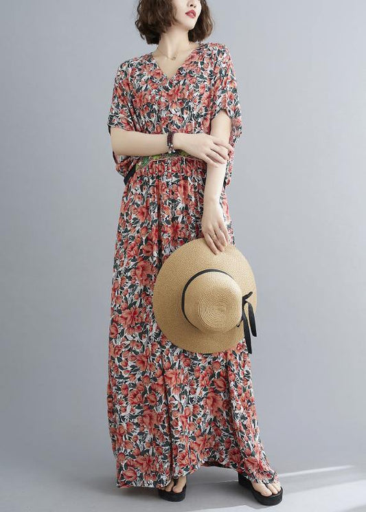 Style Red Print Button Summer Cotton Dress - SooLinen