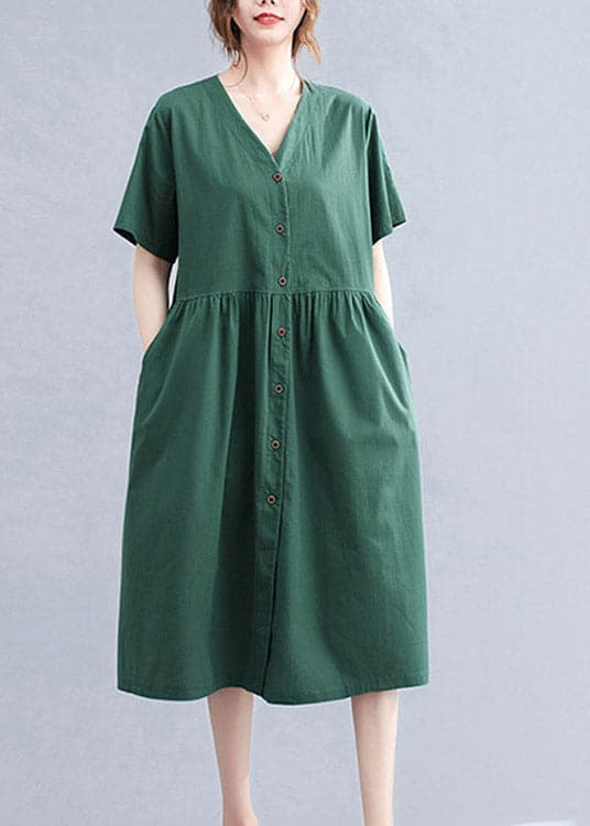 Stylish Blackish Green V Neck Button Pockets Cotton Long Dress Short Sleeve gk-SDL220722