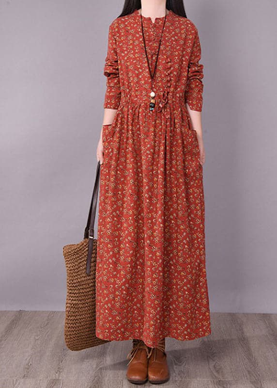 2022 Brick Red Cinched Print Linen Long Dress Long Sleeve dylinoshop