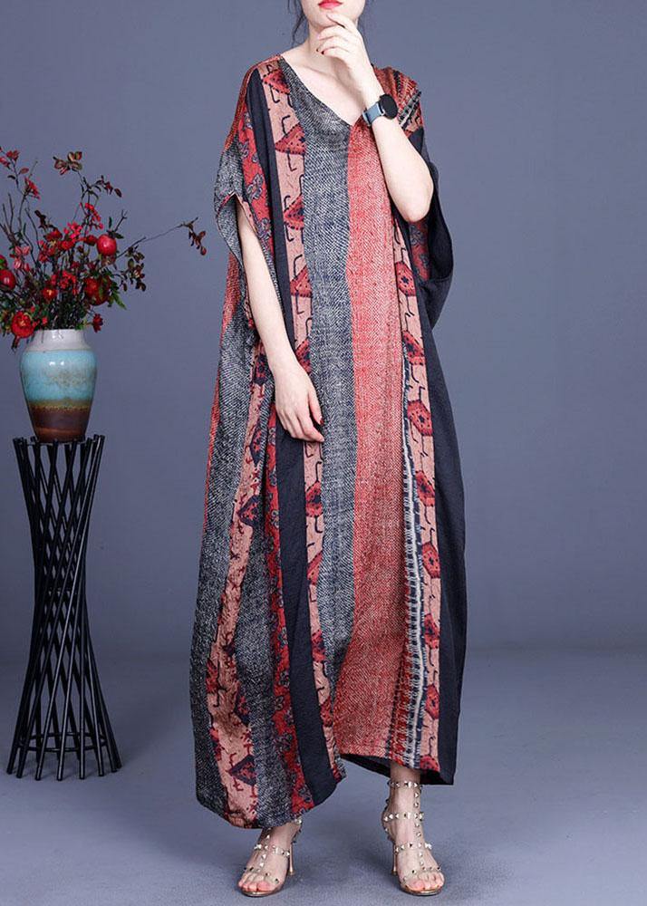 Unique Orange Print Patchwork Summer Silk Maxi Dresses Batwing Sleeve - SooLinen