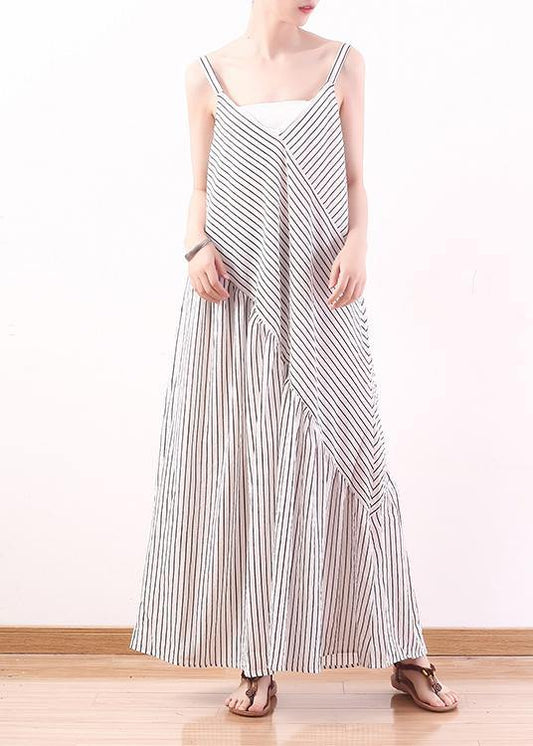 White Stripe Suspender Large Chiffon Jumpsuit Wide Leg Pants Summer - SooLinen