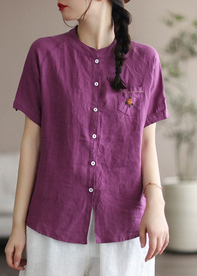 Women Purple Embroideried Pocket Linen Shirt Top Short Sleeve GK-STP220523