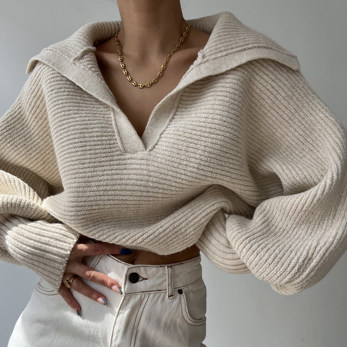 Copenhagen Crop Top Sweater,  Lazy Loose Lantern Sleeve Open Collar Women's Short Sweater loveyourmom Love Your Mom Apricot L 