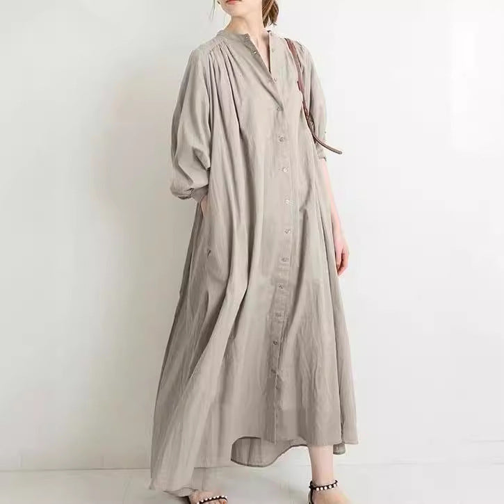 Casual Solid Color Puff Sleeve Pleated Cotton Linen Midi Shirtdress