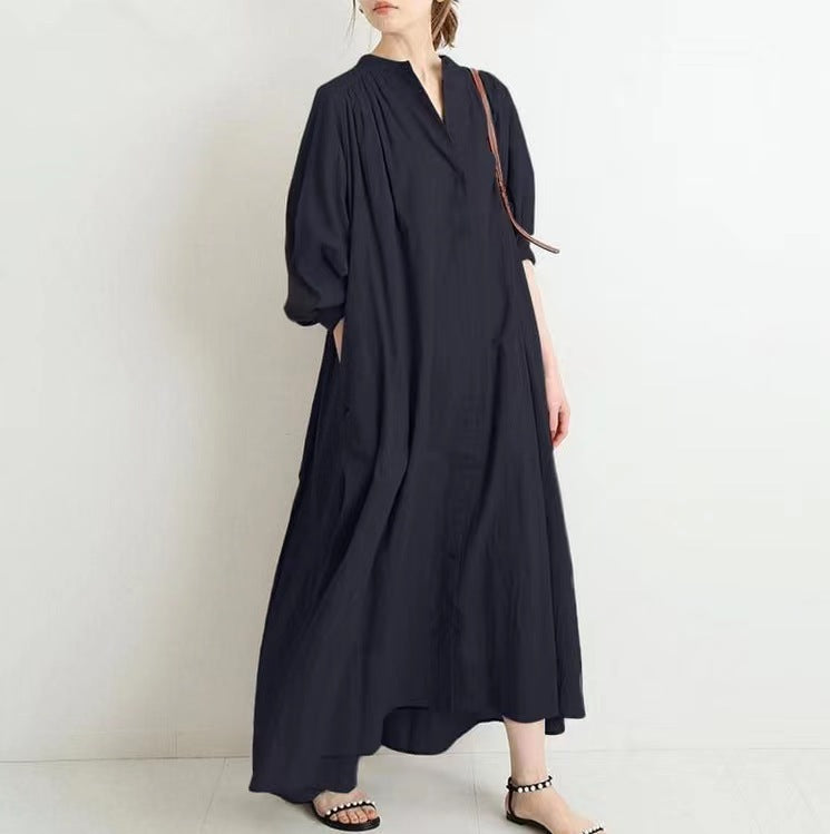 Casual Solid Color Puff Sleeve Pleated Cotton Linen Midi Shirtdress