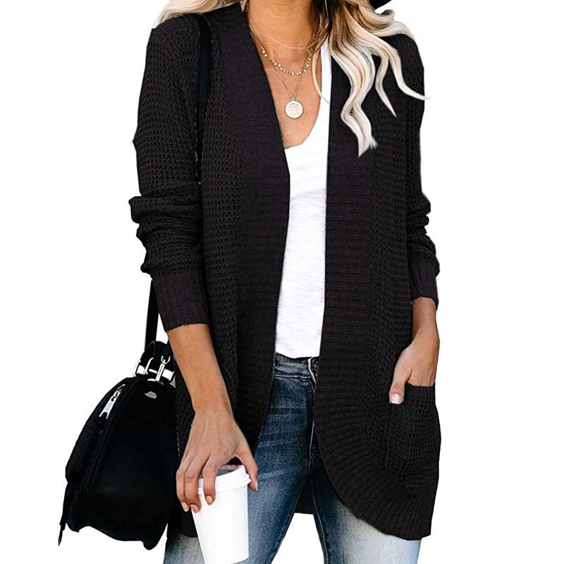 Cozy Long-Length Solid-Colored Cardigan for Autumn and Winter  S Black 