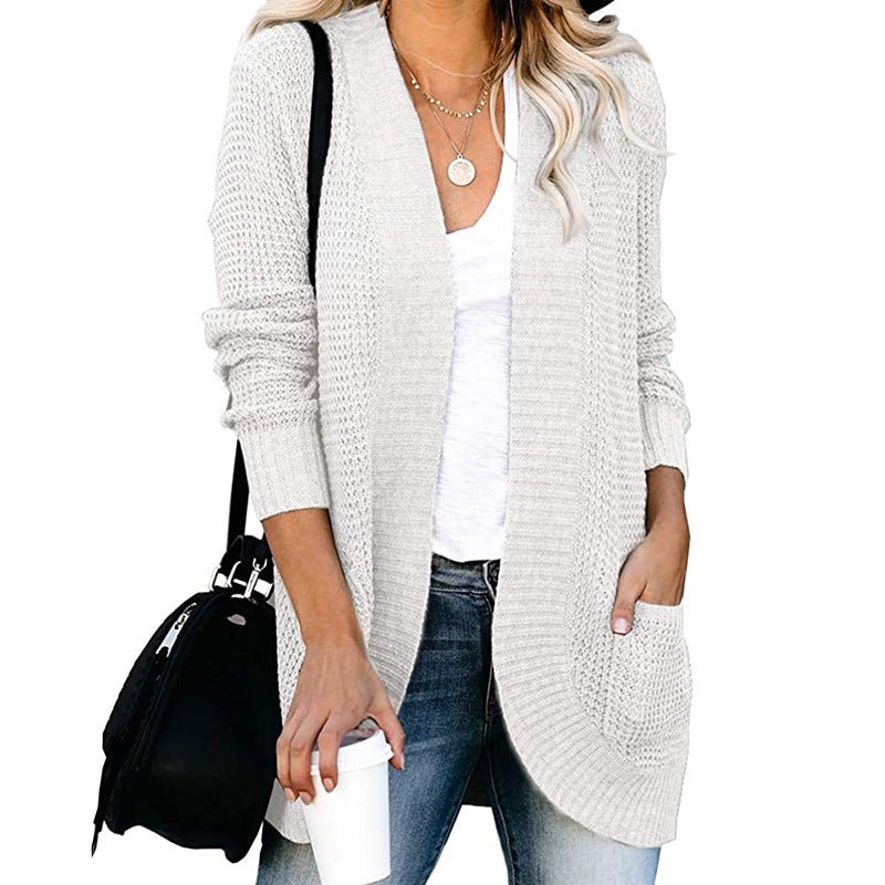 Cozy Long-Length Solid-Colored Cardigan for Autumn and Winter  S White 