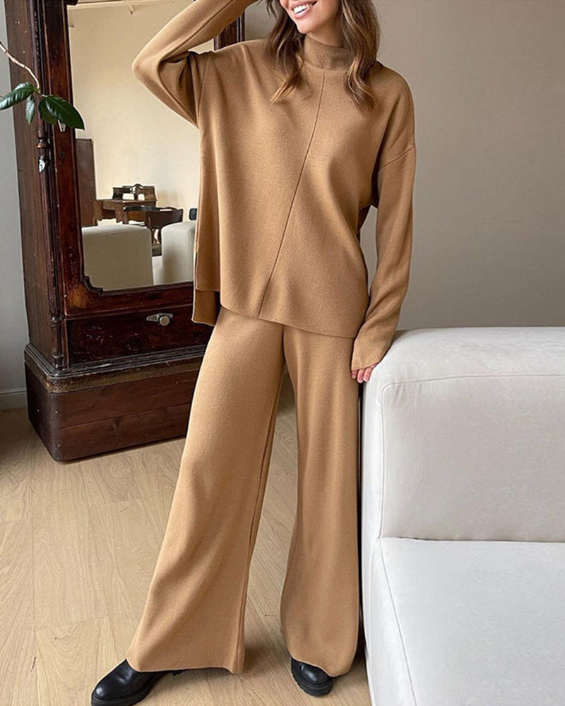 solid color knitted pullover turtleneck sweater set loose top pants