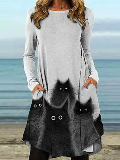 Women's Casual Dress T Shirt Dress Tee Dress Shift Dress Knee Length Dress Gray Long Sleeve Animal Pocket Winter Fall Crew Neck Vacation Winter Dress Fall Dress 2023 S M L XL XXL 3XL - LuckyFash™