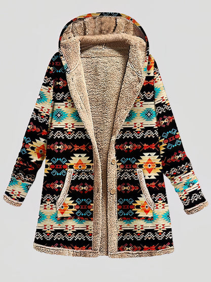 Graphic Printed Long Sleeve Pocket Button Hooded Coat