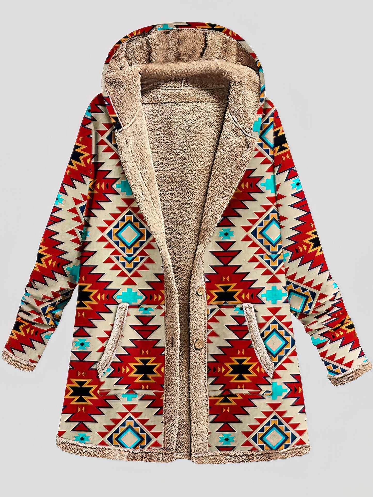 Graphic Printed Long Sleeve Pocket Button Hooded Coat