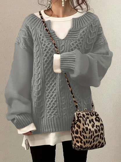 Plus Size Casual Sweater, Women's Plus Solid Jacquard Long Sleeve Notched Neck Slight Stretch Sweater