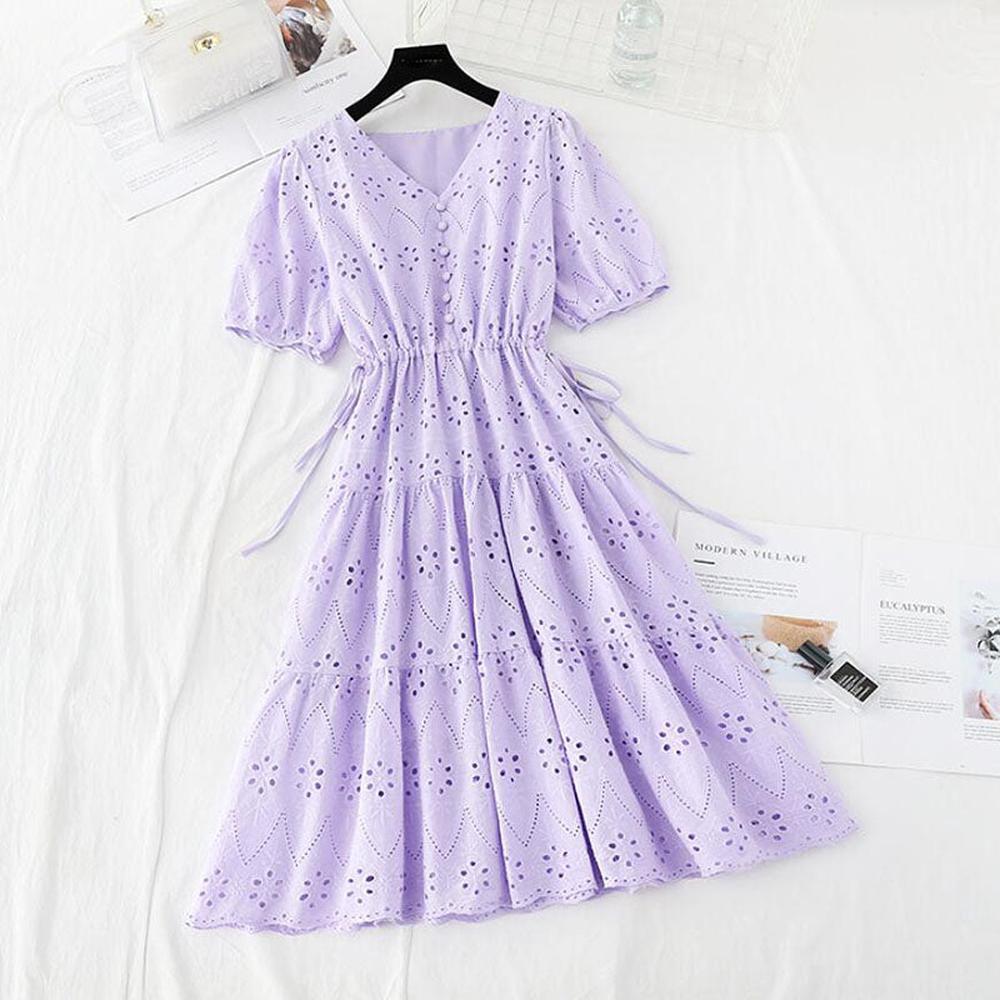 Women Casual V-neck Cotton Linen Vestidos Ruffle Vintage Dresses dylinoshop