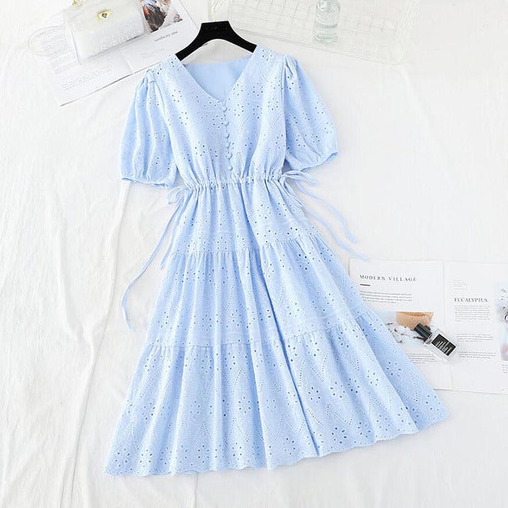 Women Casual V-neck Cotton Linen Vestidos Ruffle Vintage Dresses dylinoshop