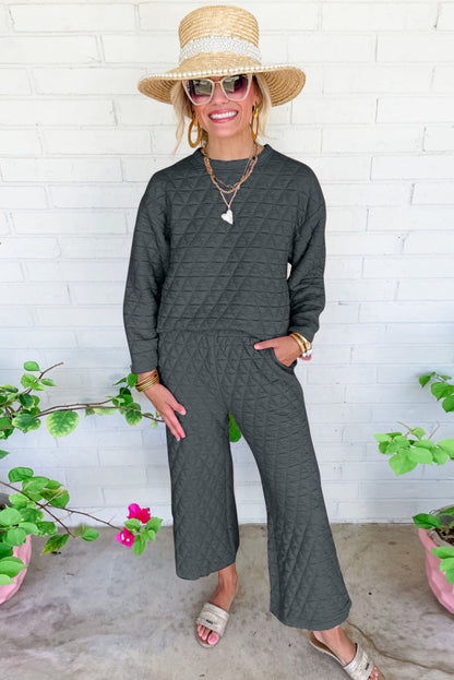 Solid Quilted Pullover and Pants Outfit - Two Piece Sets - Sunny Angela