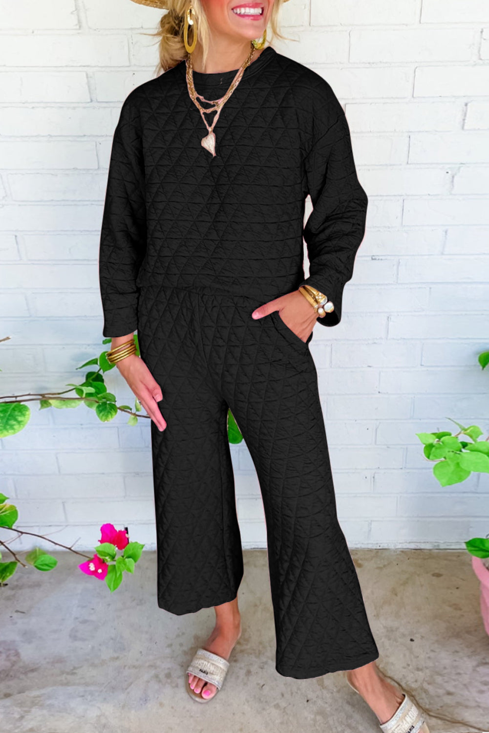 Solid Quilted Pullover and Pants Outfit - Two Piece Sets - Sunny Angela