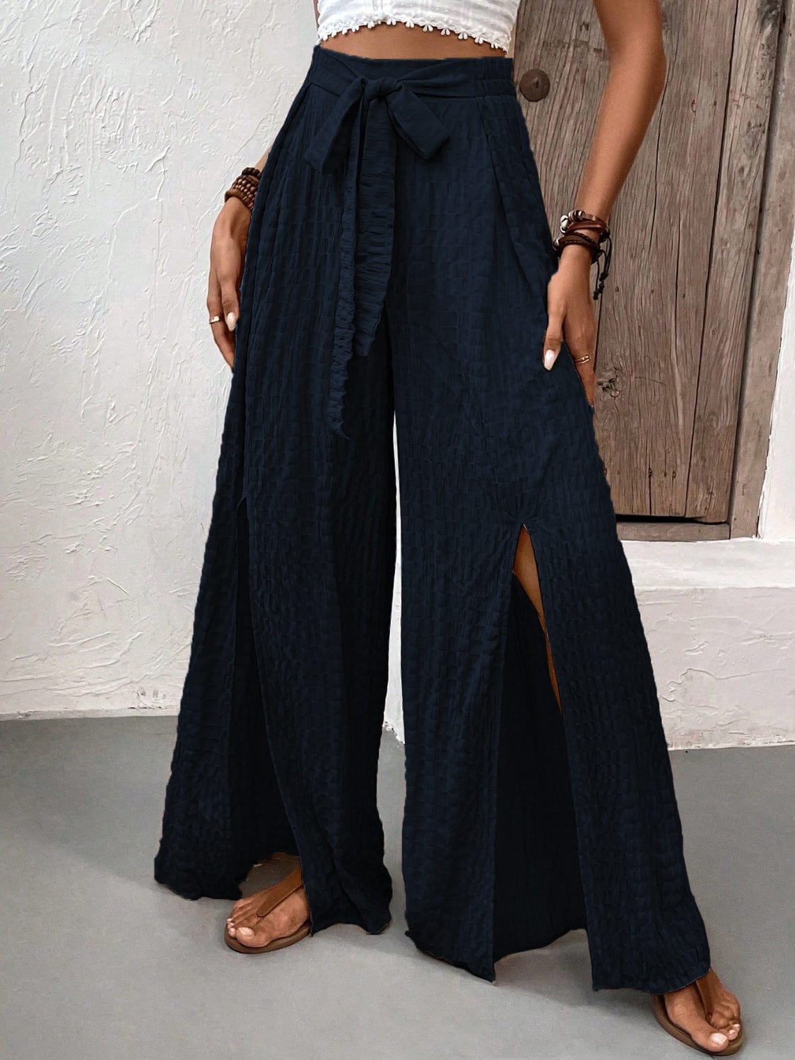 The802Gypsy Bottoms/Pants & Culotte GYPSY-Tied Slit Wide Leg Trouser Pants