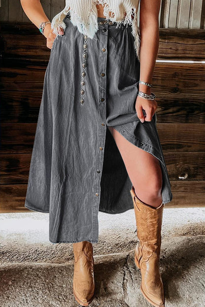 The802Gypsy Bottoms/skirts Dark / XL GYPSY-Snap Down High Waist Denim Skirt