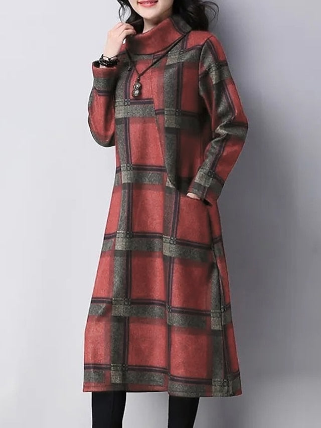 Women's Casual Dress Midi Dress Tartan Dress Midi Dress Black Red Blue Long Sleeve Plaid Pocket Winter Fall Spring Turtleneck Fashion Winter Dress Daily Vacation 2023 M L XL XXL 3XL - LuckyFash™