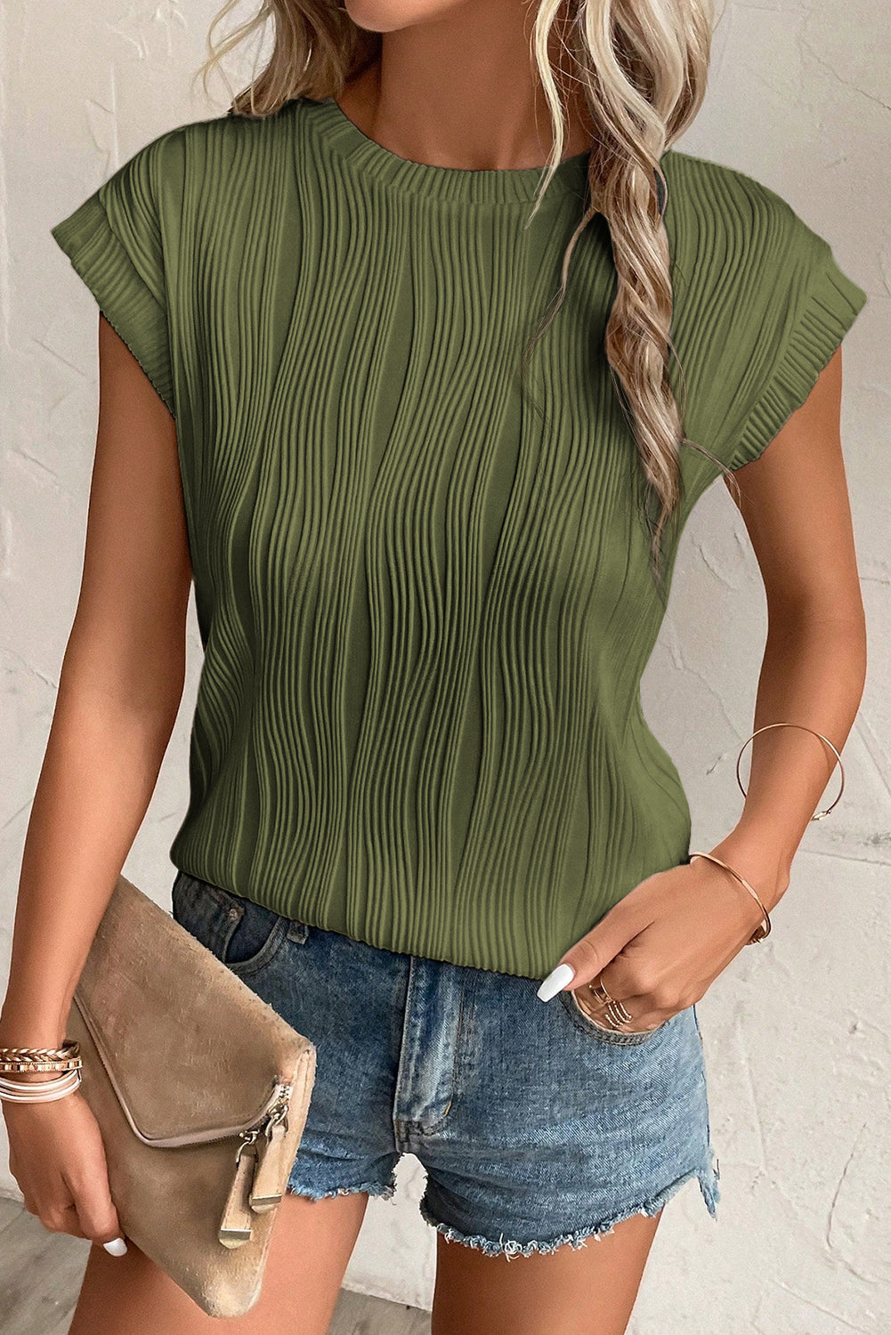 Wavy Texture Cap Sleeve Top - Tops & Tees - Sunny Angela